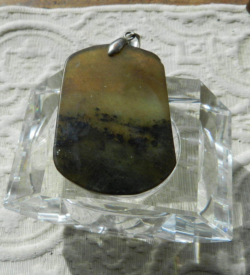 Vintage  Unmarked Silver Chinese Carved Stone Pendant Soapstone or Nephrite