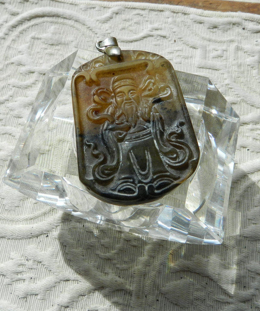 Vintage  Unmarked Silver Chinese Carved Stone Pendant Soapstone or Nephrite