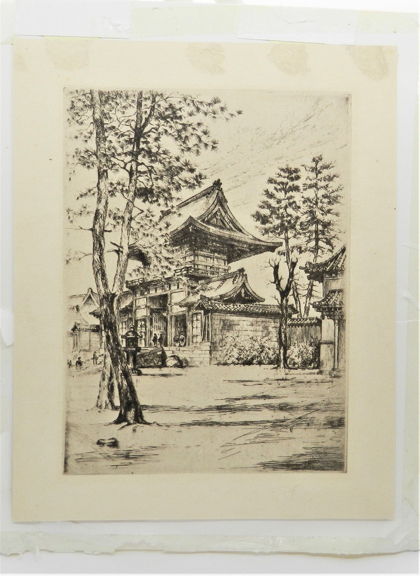 Vintage Original Etching Asian Temple and Trees - Matted 8x10