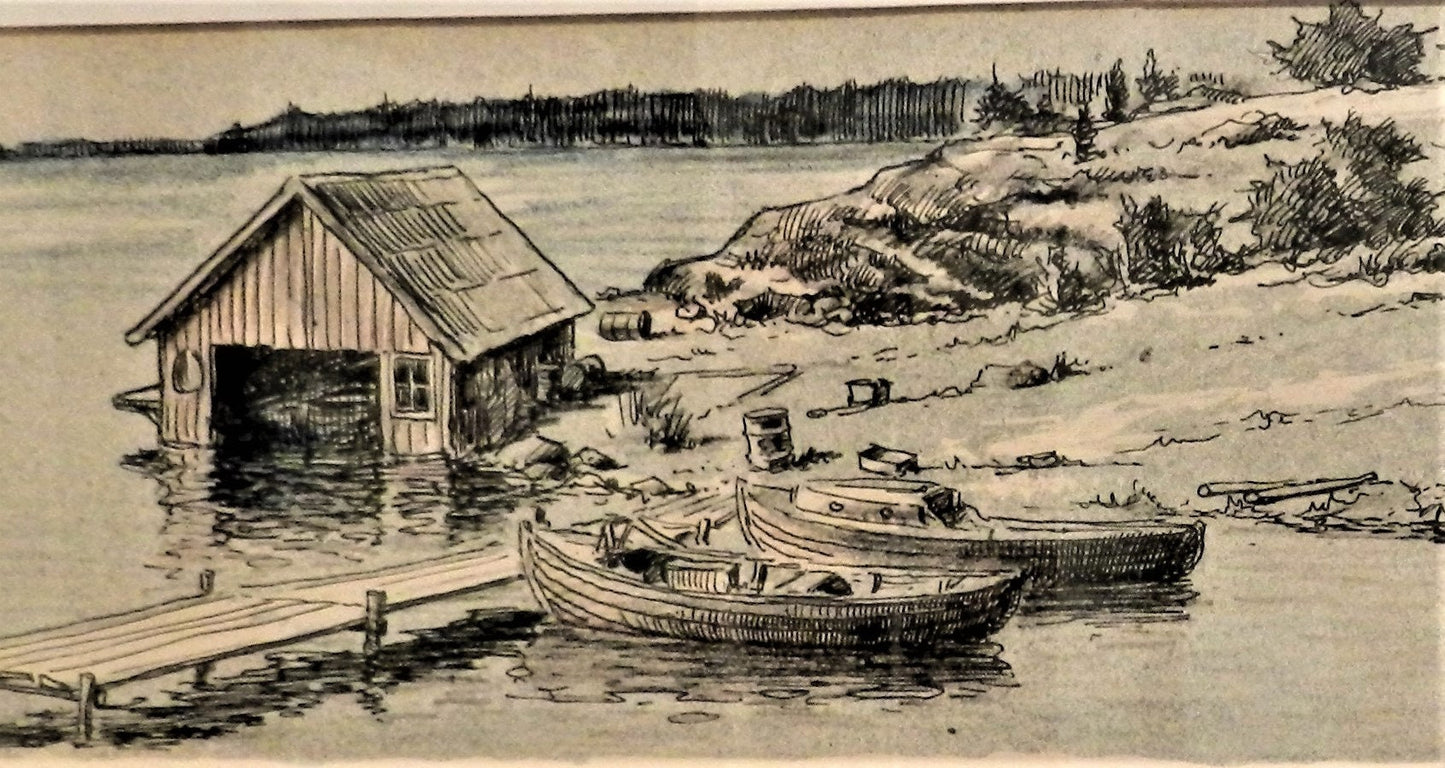 Vintage  Framed Rolf Eriksson Signed  Artwork "Boathouse" Lithograph Water Landscape Boats