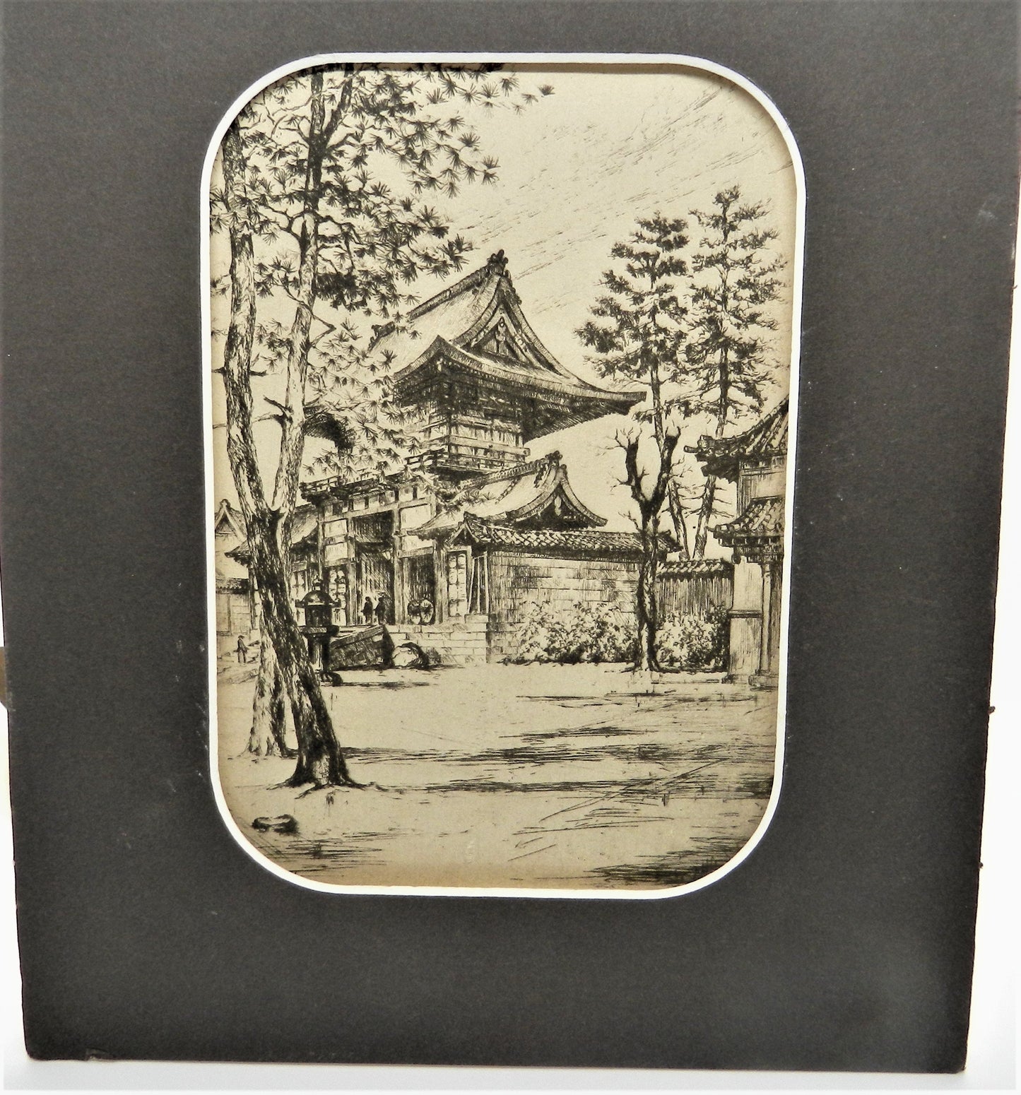 Vintage Original Etching Asian Temple and Trees - Matted 8x10