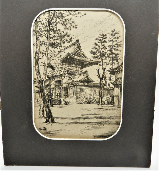 Vintage Original Etching Asian Temple and Trees - Matted 8x10