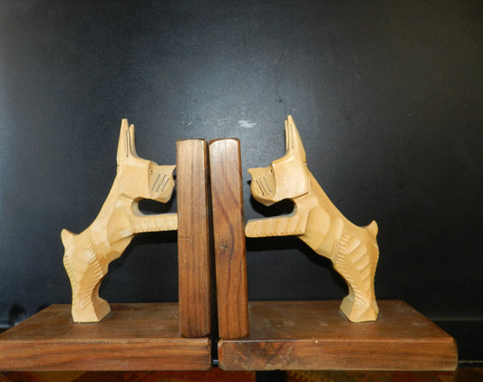 Vintage Solid Hand Carved Wood Terrier Bookends - Midcentury - Rota