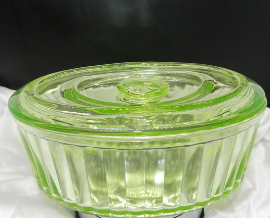 Large Vintage Oval Uranium Glass Serving with Lid Authentic Vaseline Glass