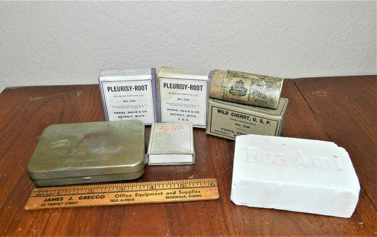 Lot of 7 Antique Herbal Treatment Boxes - Parke, Davis & Co. 1906 - Wild Cherry - Pleurisy-Root - Haysma - Doan's Kidney Pills