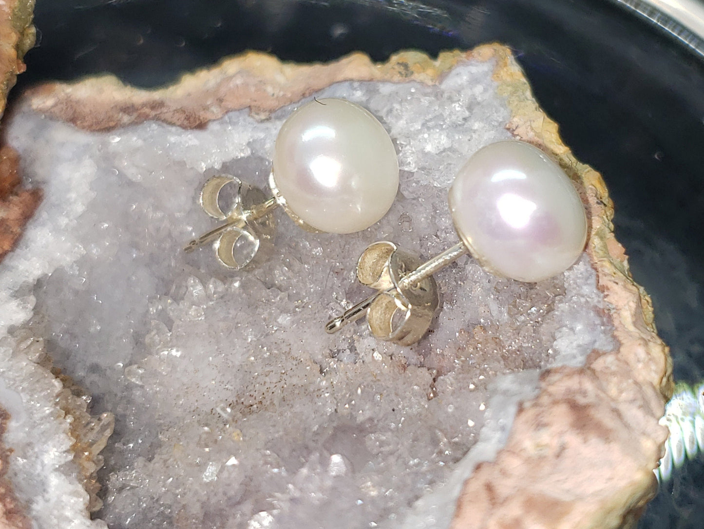 Sterling Silver Cultured Button Pearl Earrings AA Quality -8mm - Free Shipping