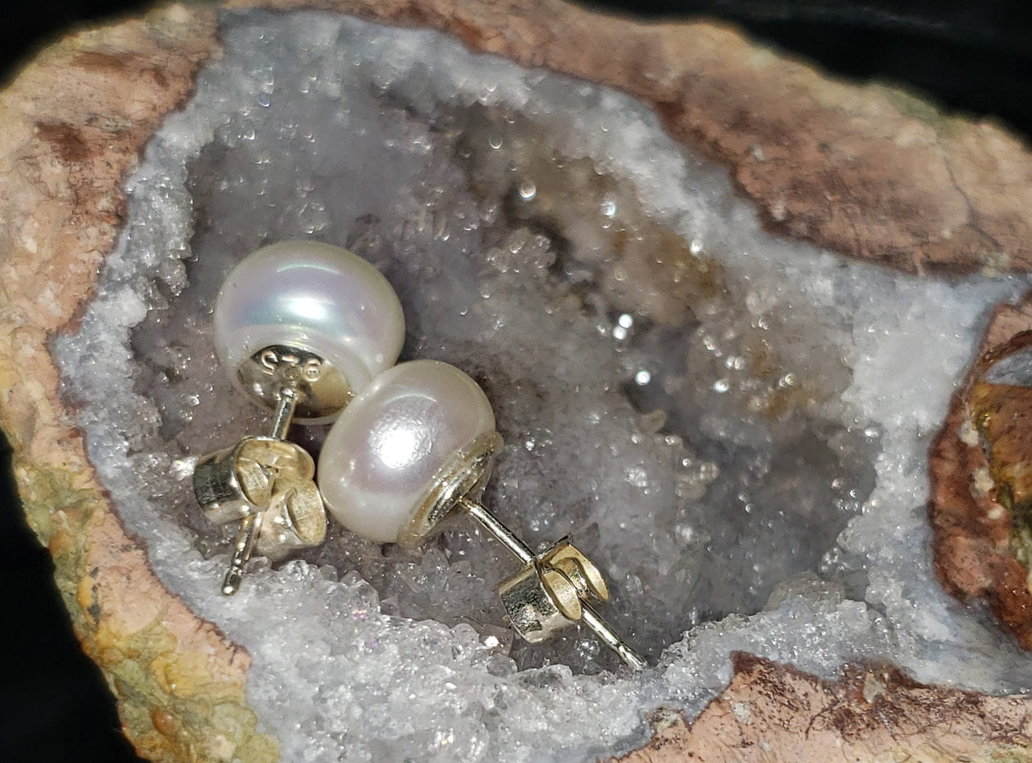 Sterling Silver Cultured Button Pearl Earrings AA Quality -8mm - Free Shipping