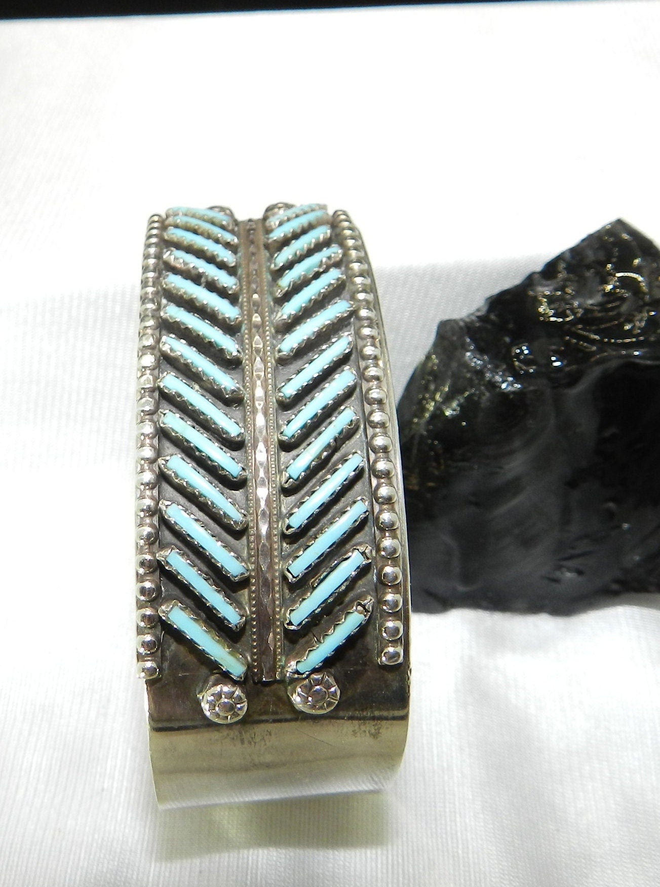 Vintage Authentic Turquoise Double Row Petit Point-Zuni Bracelet - Signed