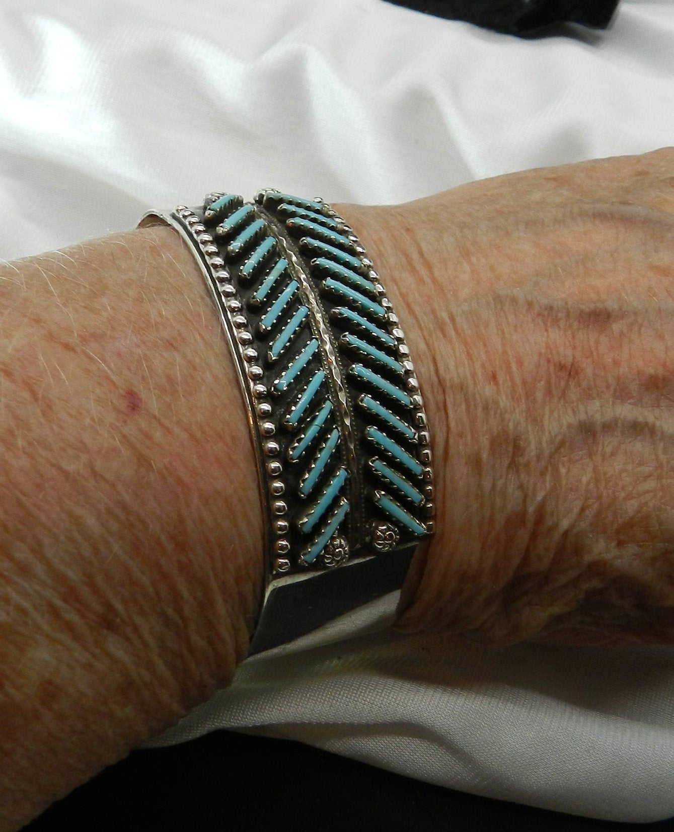 Vintage Authentic Turquoise Double Row Petit Point-Zuni Bracelet - Signed