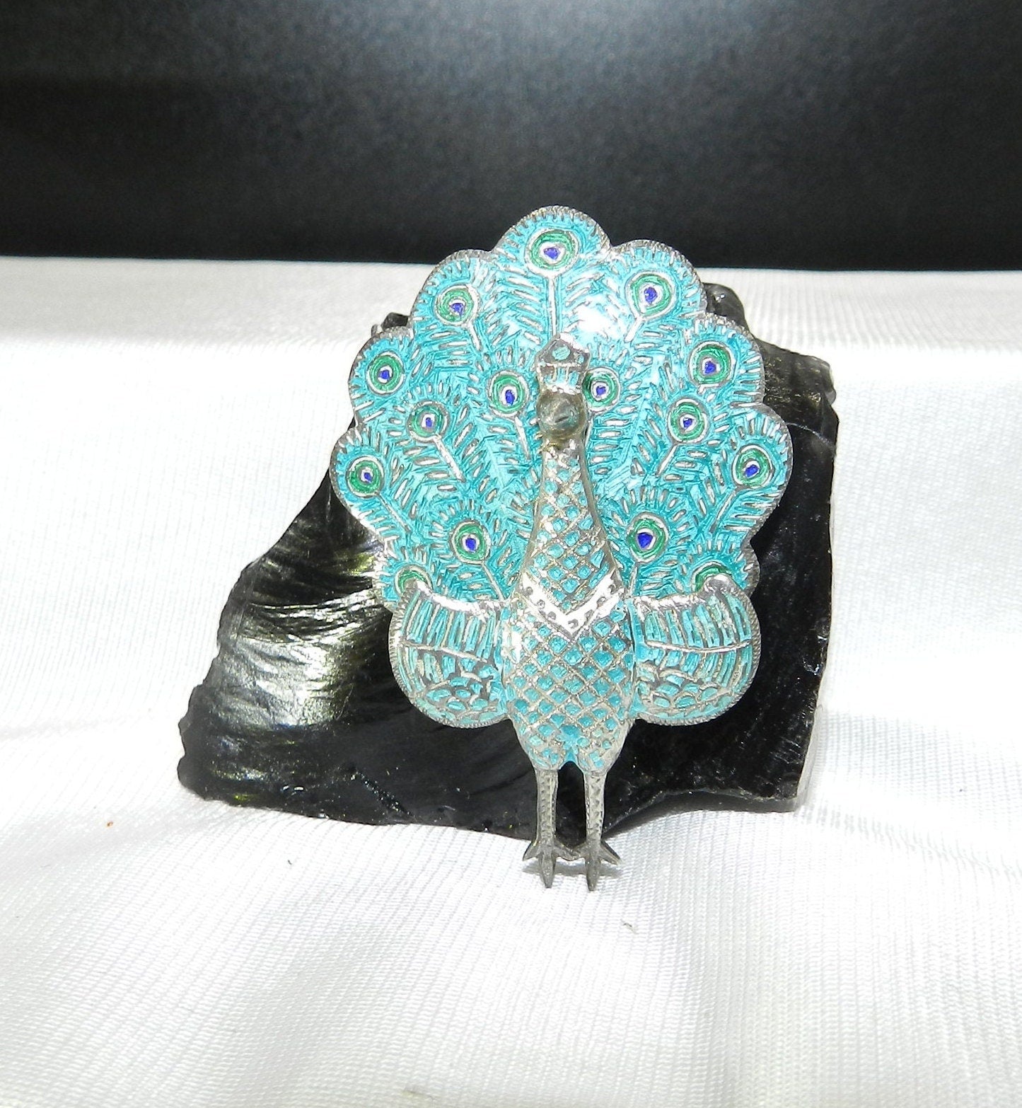 Art Deco Sterling Blue Peacock Brooch Pin - Articulated