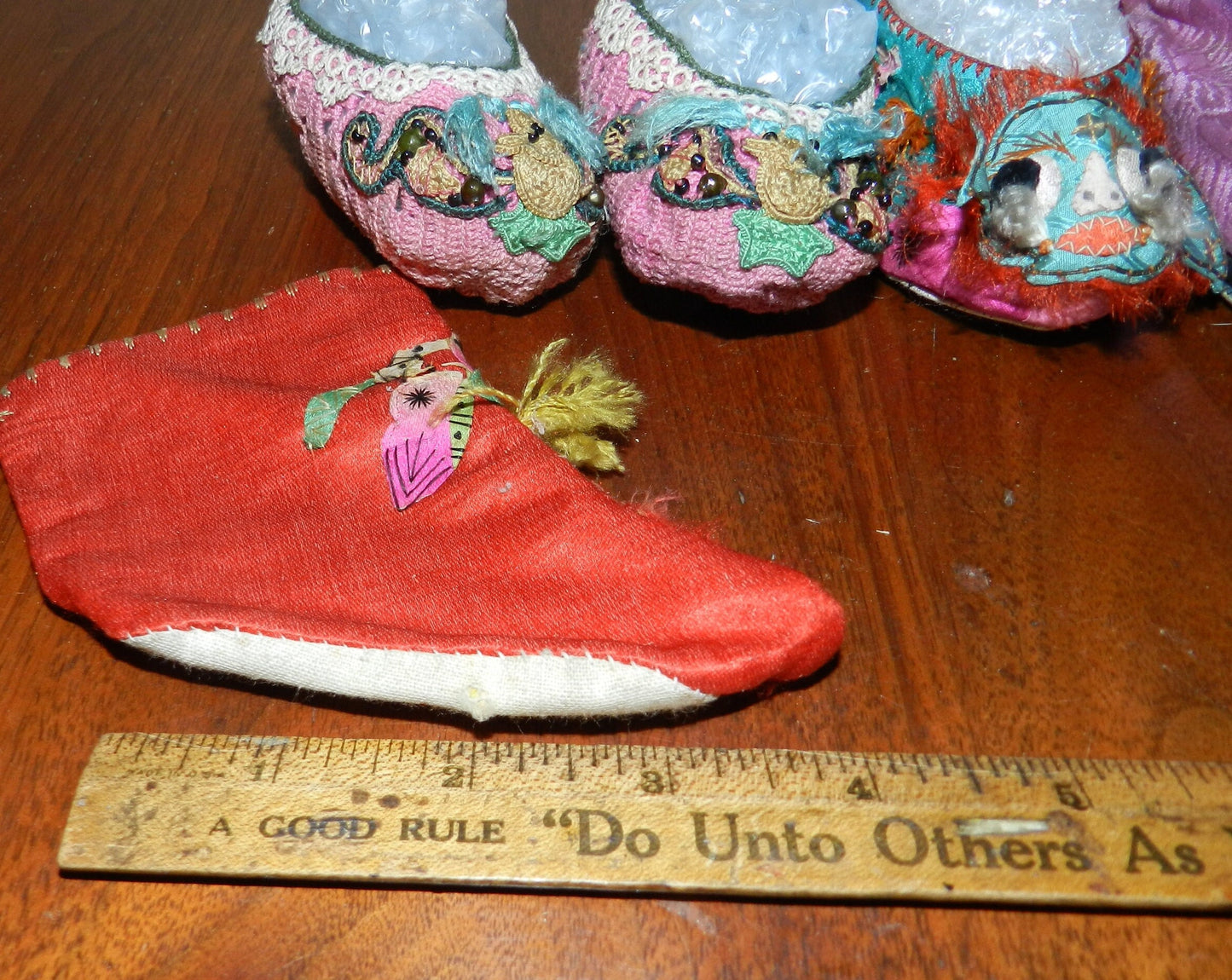 Antique Embroidered Childs Cloth Chinese Shoes One Pair  & 3 Singles