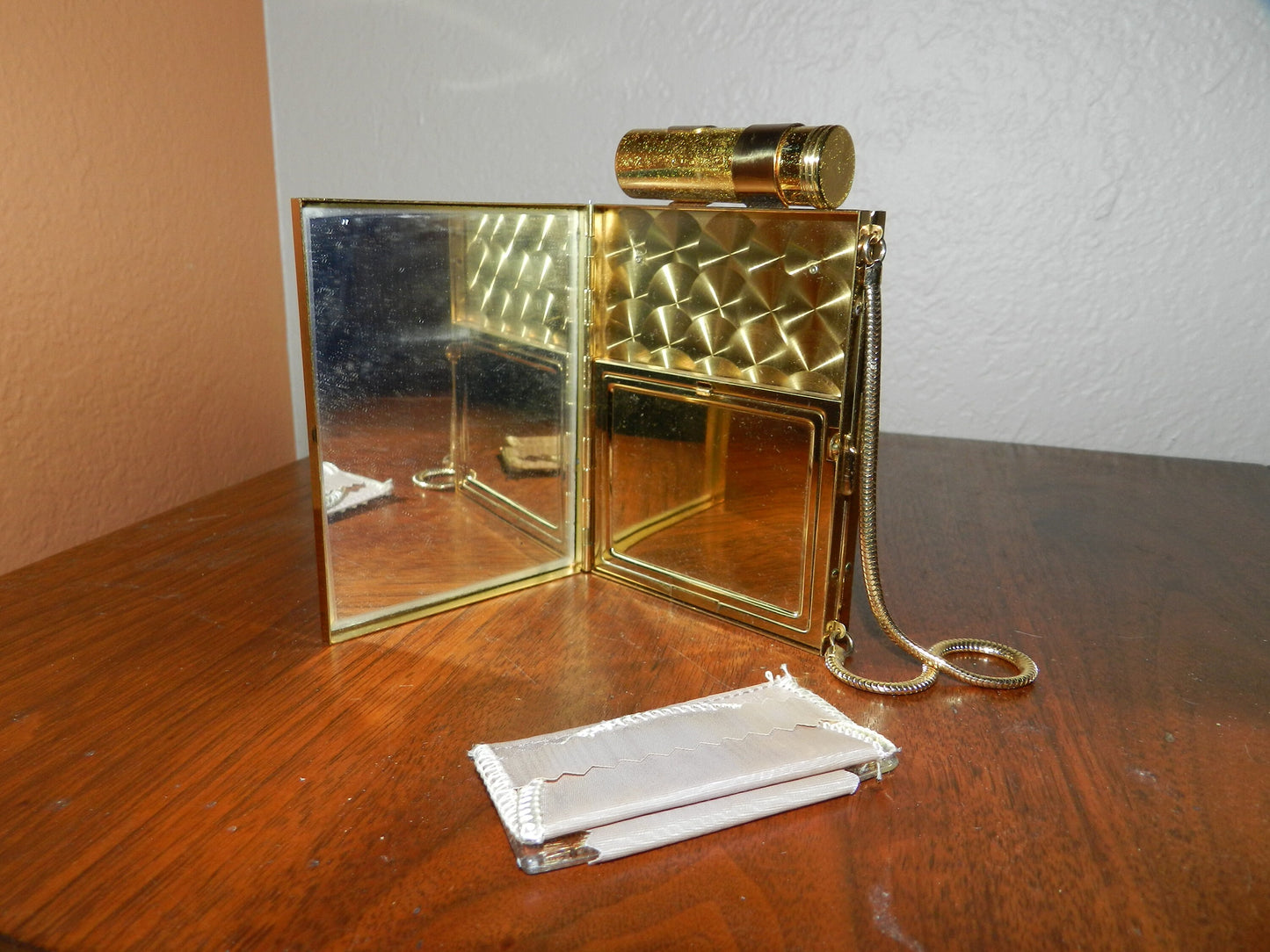 Vintage Small Compact Purse with Chain - Shiny Gold Metal-Pristine Condition