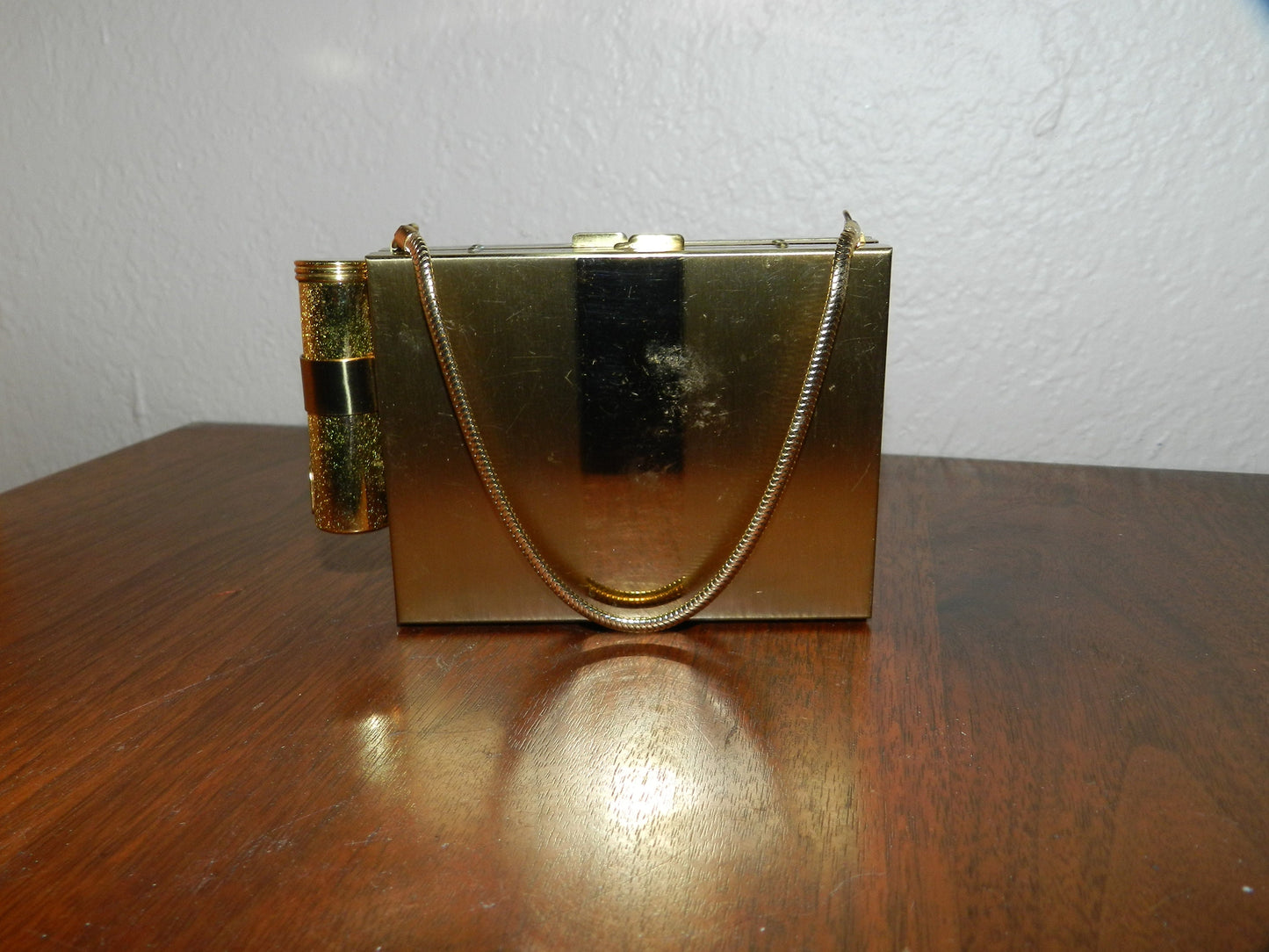 Vintage Small Compact Purse with Chain - Shiny Gold Metal-Pristine Condition