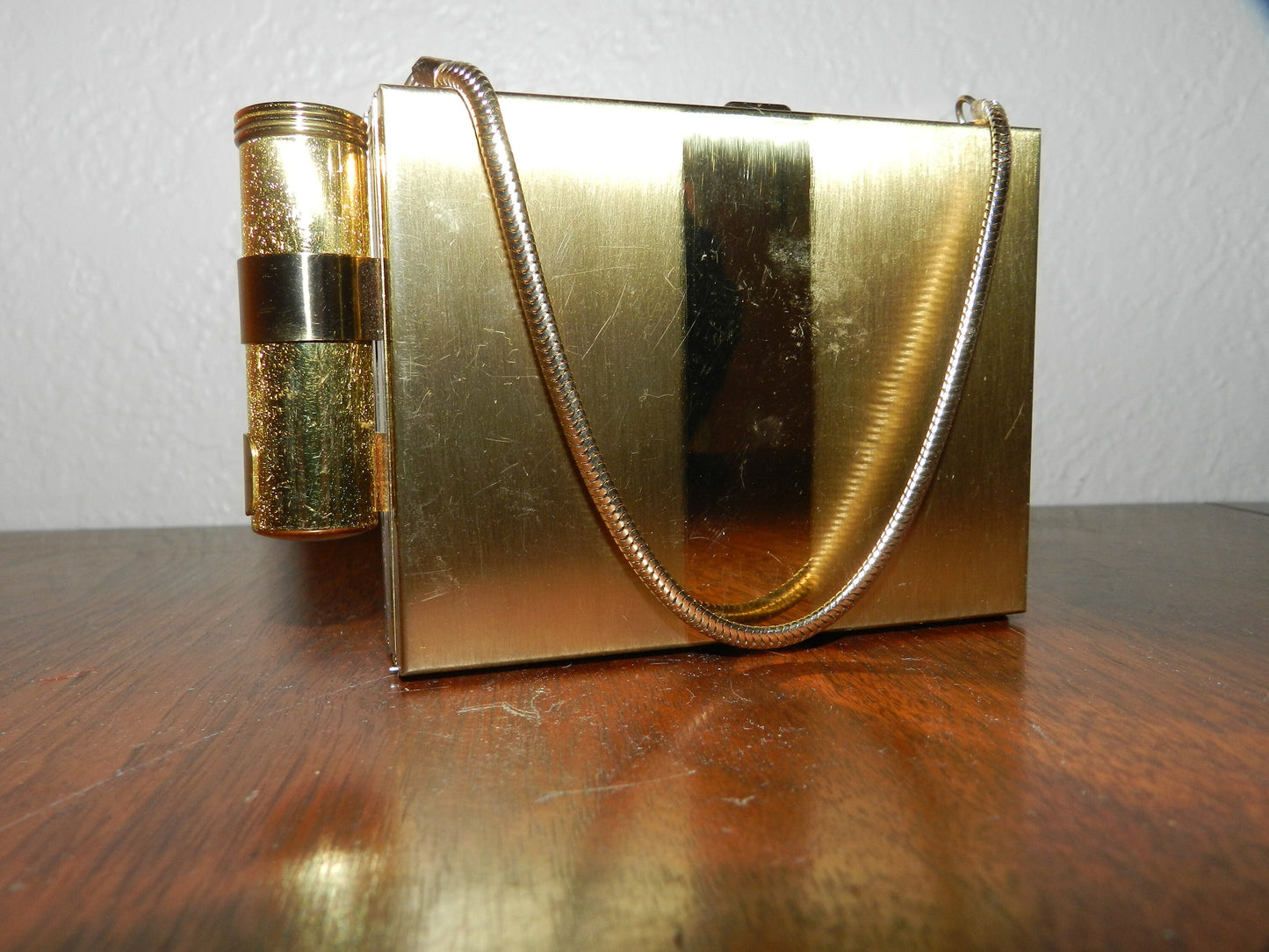 Vintage Small Compact Purse with Chain - Shiny Gold Metal-Pristine Condition