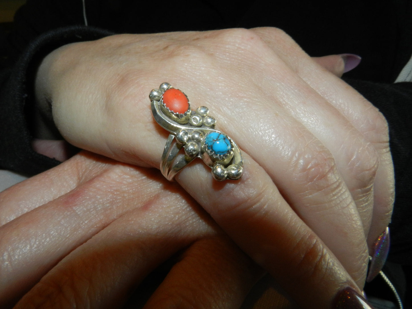 Vintage Navajo Sterling Silver Coral &  Turquoise Ring -  Signed C. Davis