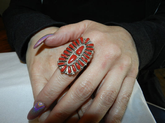 Vintage Authentic Red Coral Petit Point Navajo Ring - Native American Tribe -  Signed - Juliana Begay