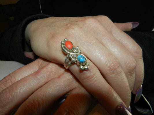 Vintage Navajo Sterling Silver Coral &  Turquoise Ring -  Signed C. Davis