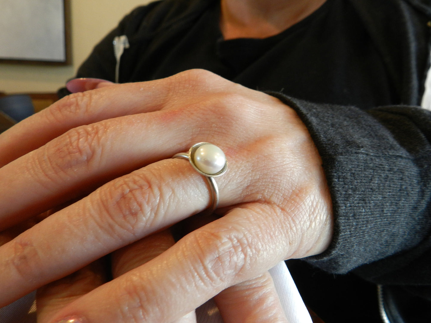 Vintage Sterling Silver Single  Pearl Ring  SZ 6