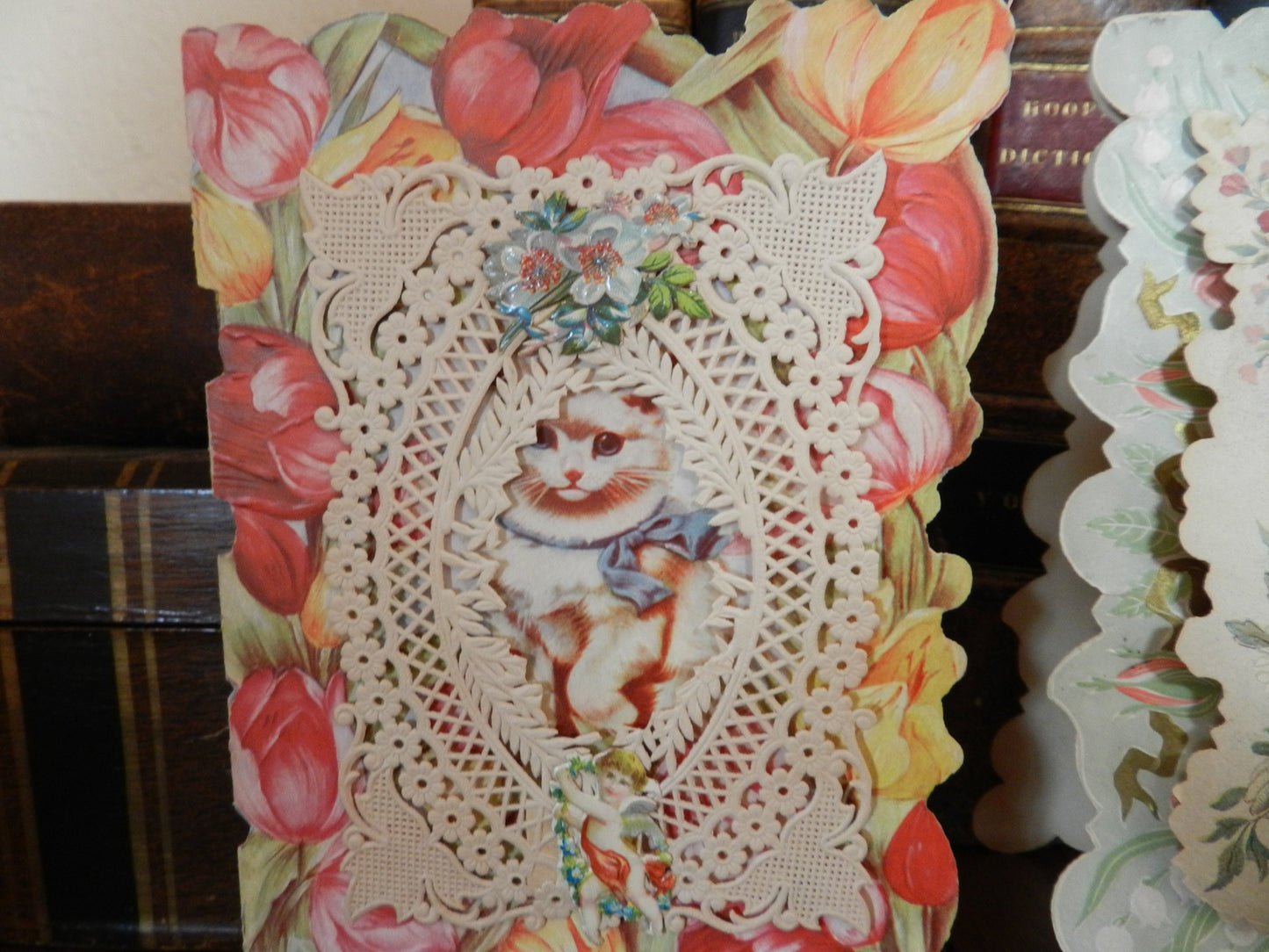 2 Vintage  Cards -  Doily - Cat, Flowers, Tulips  - General & Valentine  3D