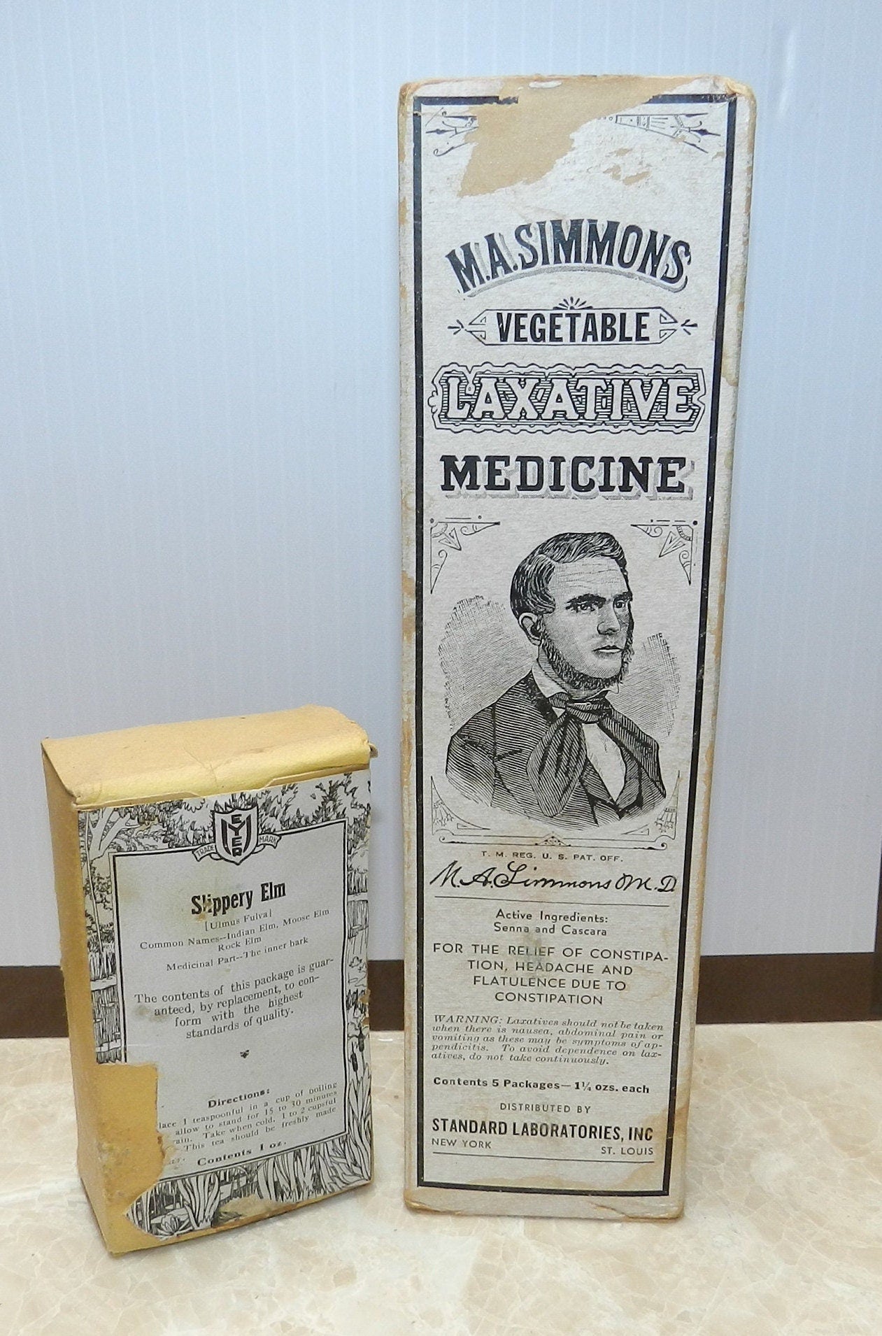 Authentic Antique Herbal Medicine Boxes - Quack Doctors - Slippery Elm & Senna  Rare Intact Simmons Boxes