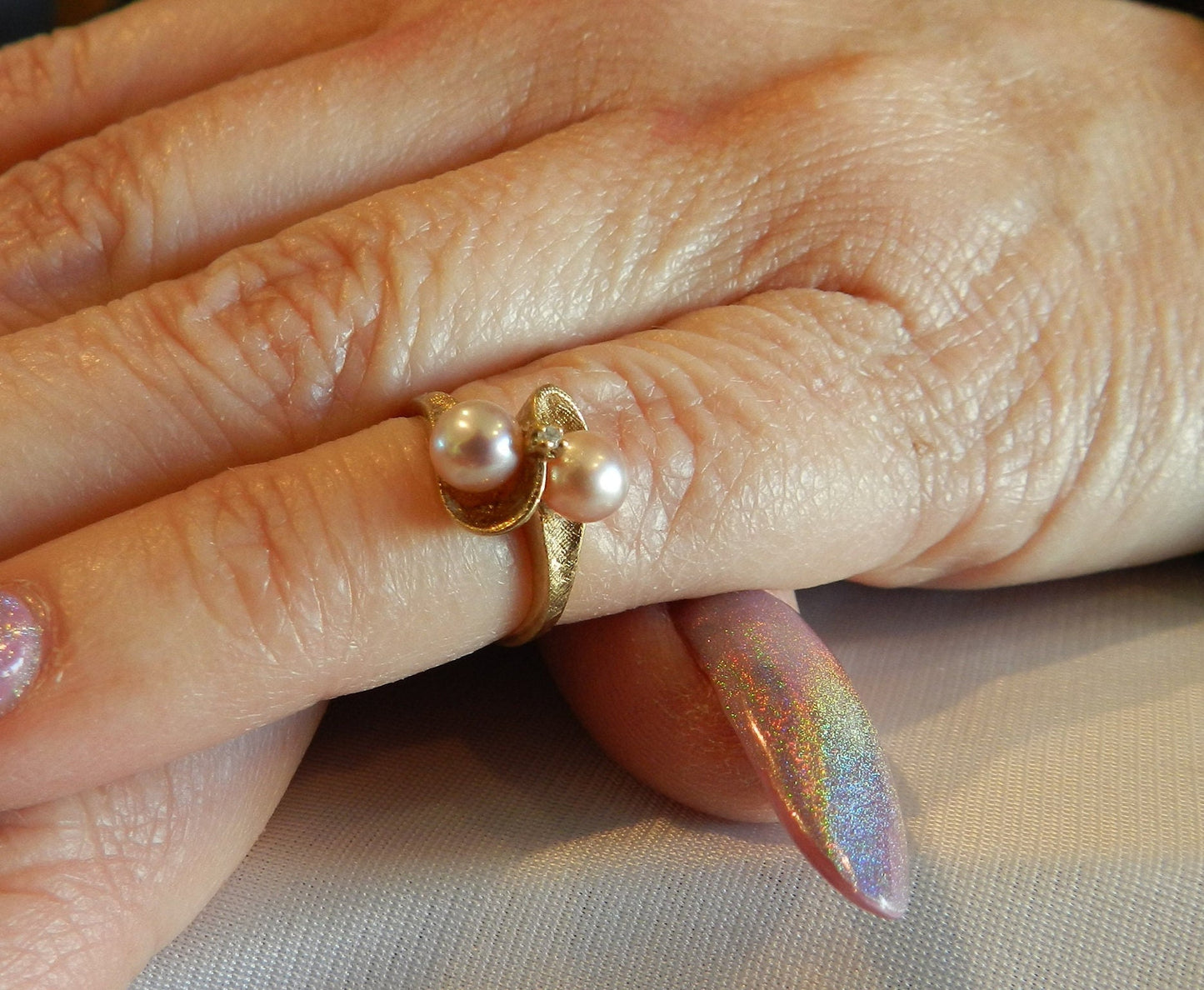 Vintage 10K Double Cultured Diamond Pearl Ring - Sz 2.5