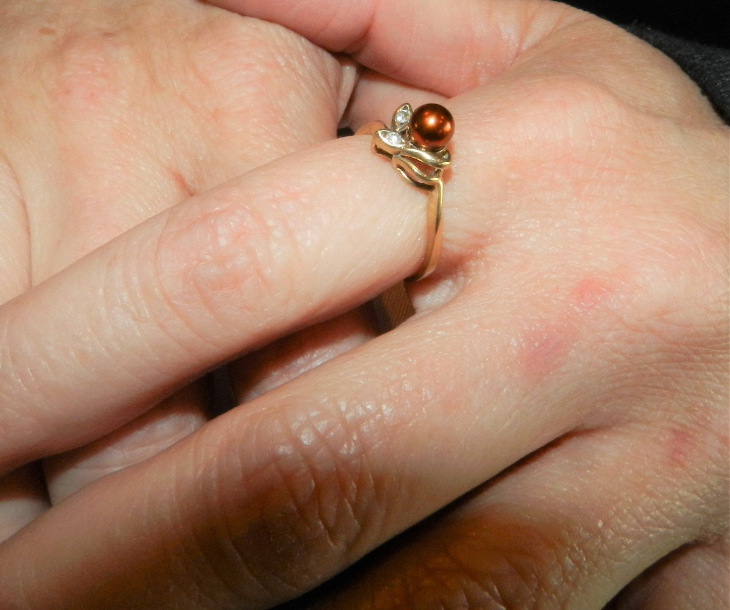 Vintage 10K Gold Diamond and Bronze Pearl Ring  -SZ 8