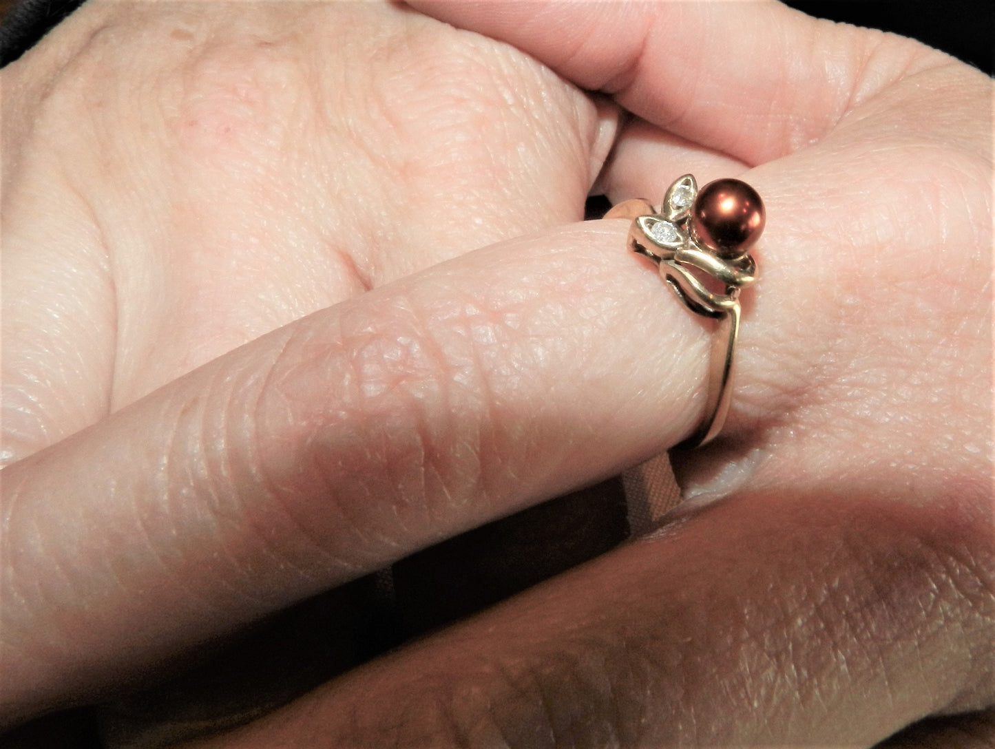 Vintage 10K Gold Diamond and Bronze Pearl Ring  -SZ 8