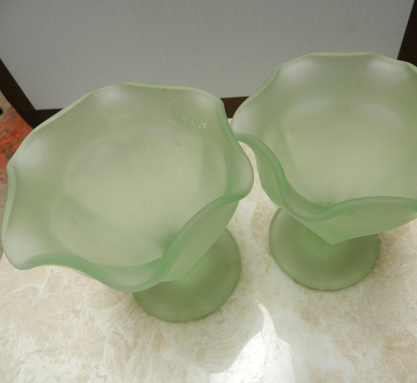 Vintage Green Custard Glass Sundae Cups - Uranium Glass - Soda Fountain - Satin