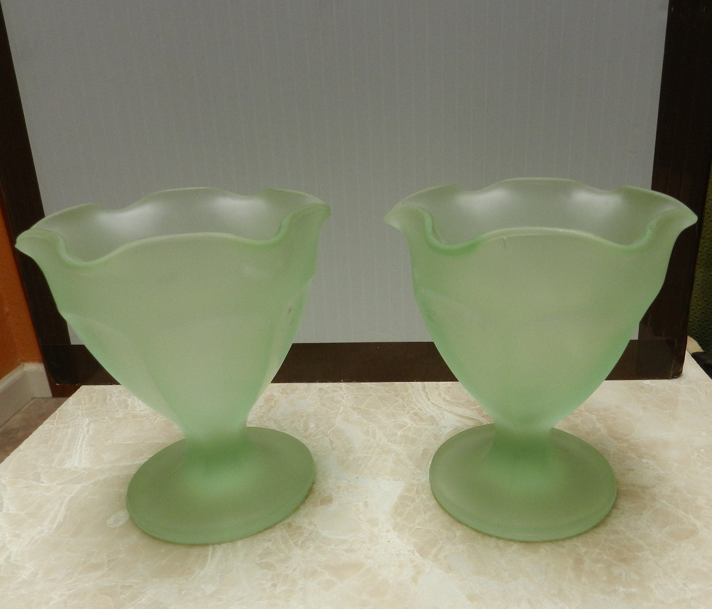 Vintage Green Custard Glass Sundae Cups - Uranium Glass - Soda Fountain - Satin