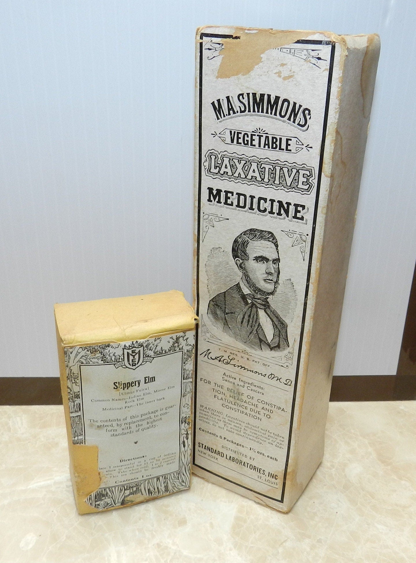 Authentic Antique Herbal Medicine Boxes - Quack Doctors - Slippery Elm & Senna  Rare Intact Simmons Boxes