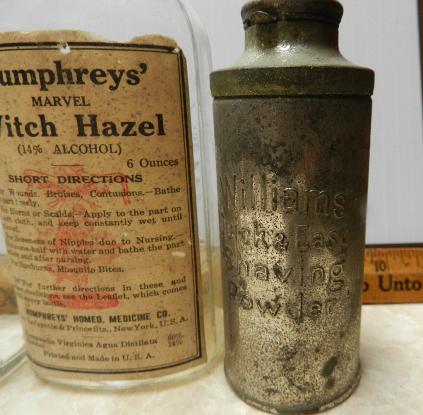 3 Authentic Antique Bottles Original Labels - Humphreys  - Bakers Best - Williams Tin - Shaving - Hair Tonic