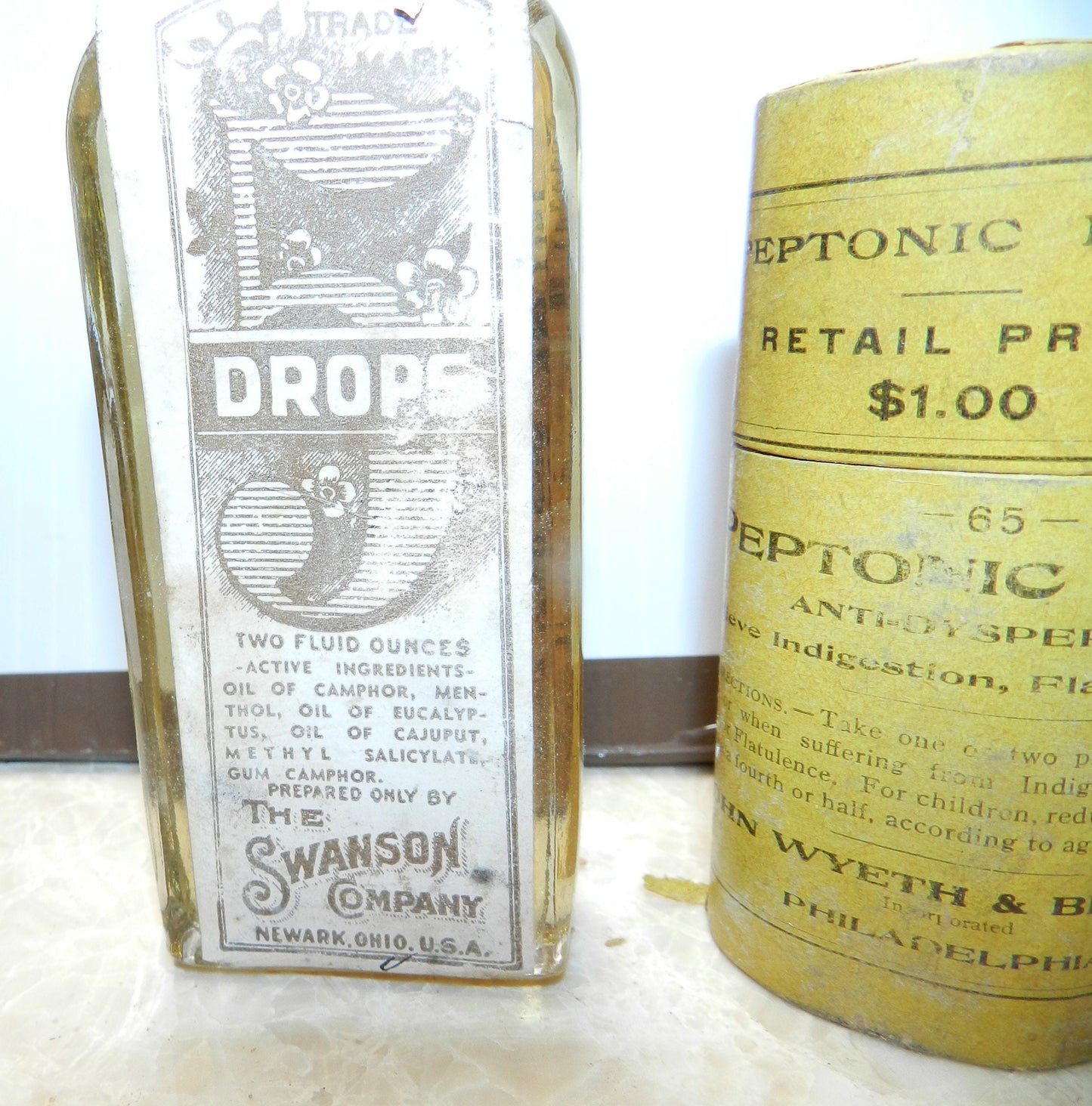 Antique All Original  Rare Peptonic PIlls Medicine Box Unopened Bottle  & 5 Drops Bottle