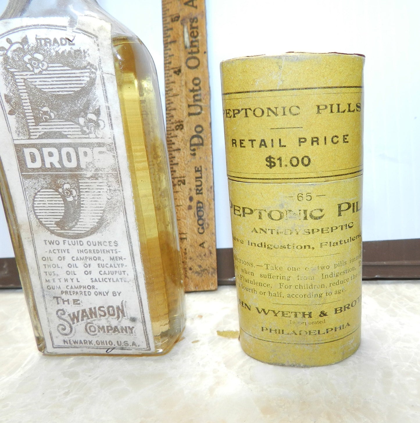 Antique All Original  Rare Peptonic PIlls Medicine Box Unopened Bottle  & 5 Drops Bottle