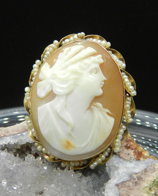 Antique Victorian 10K Gold Shell Cameo Pin Pendant