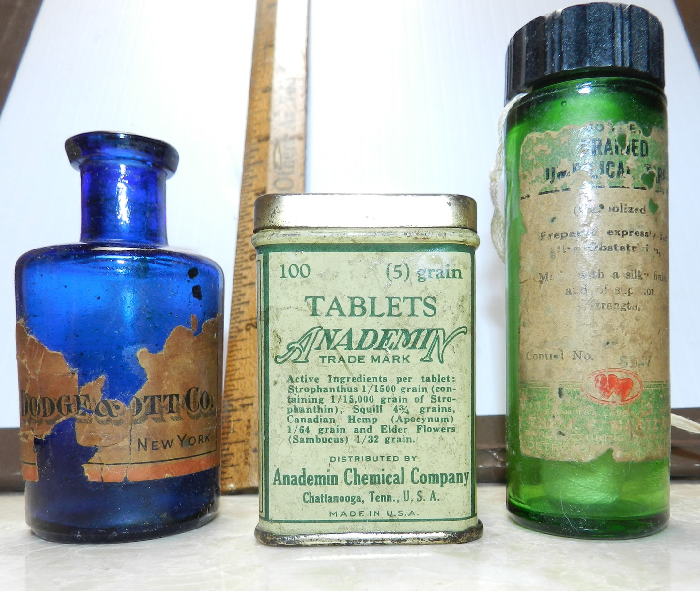 Authentic All Original Antique Medicine Bottles - Dodge & Ott - Anademin - Braided Obstetrical Tape