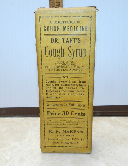 Rare Authentic Antique Medicine Bottle in Original Unopened Box  - Dr. Taft's Cough Syrup - A Meritorious Cough Medicine -