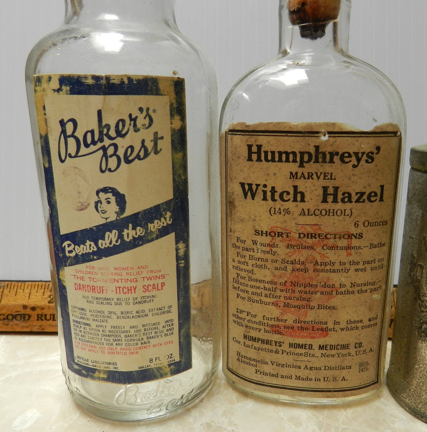 3 Authentic Antique Bottles Original Labels - Humphreys  - Bakers Best - Williams Tin - Shaving - Hair Tonic