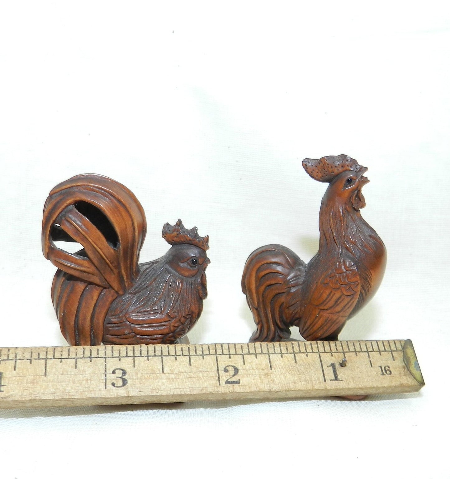 Vintage Boxwood Hand Carved Netsuke Roosters - Chickens  2"