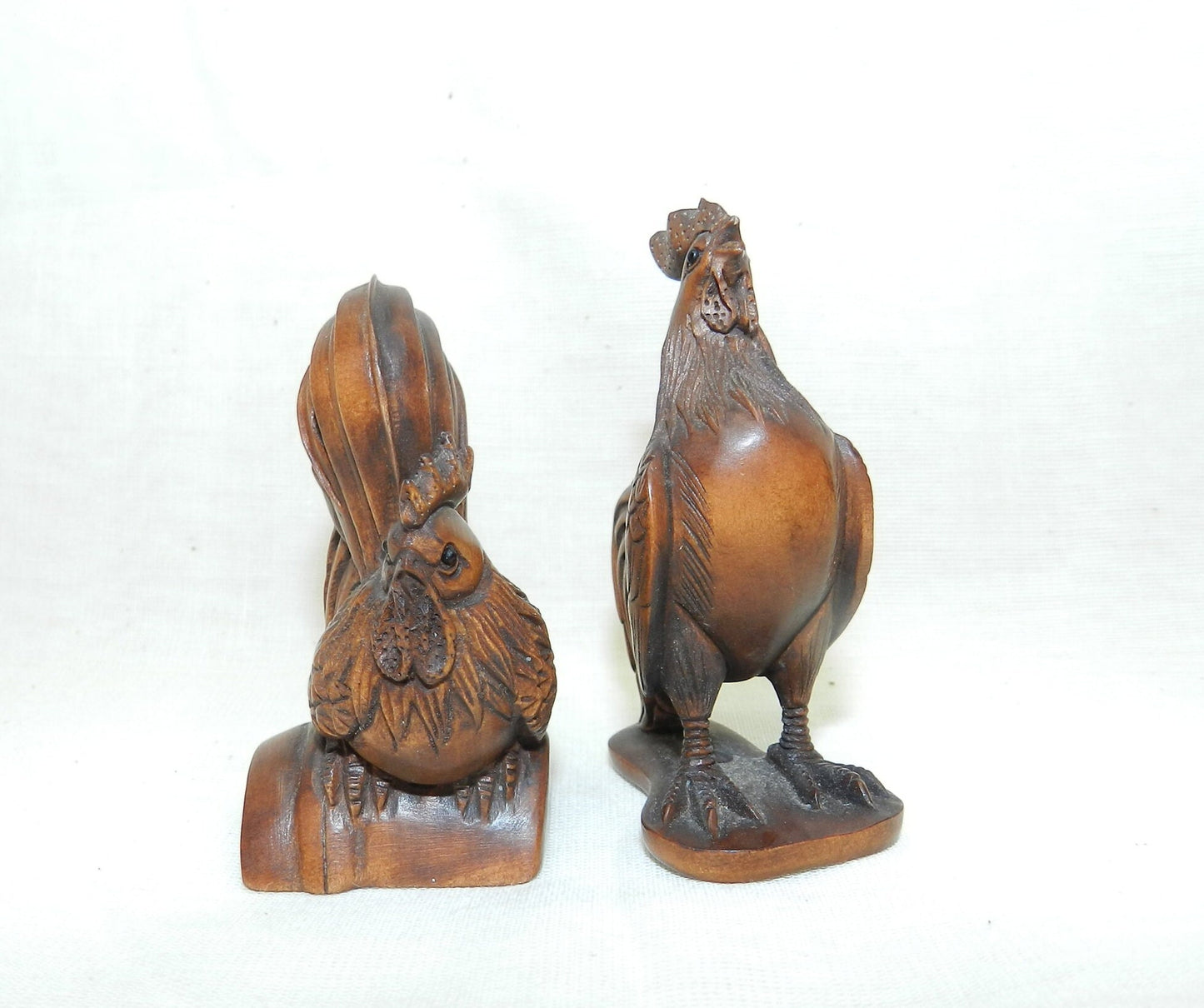 Vintage Boxwood Hand Carved Netsuke Roosters - Chickens  2"