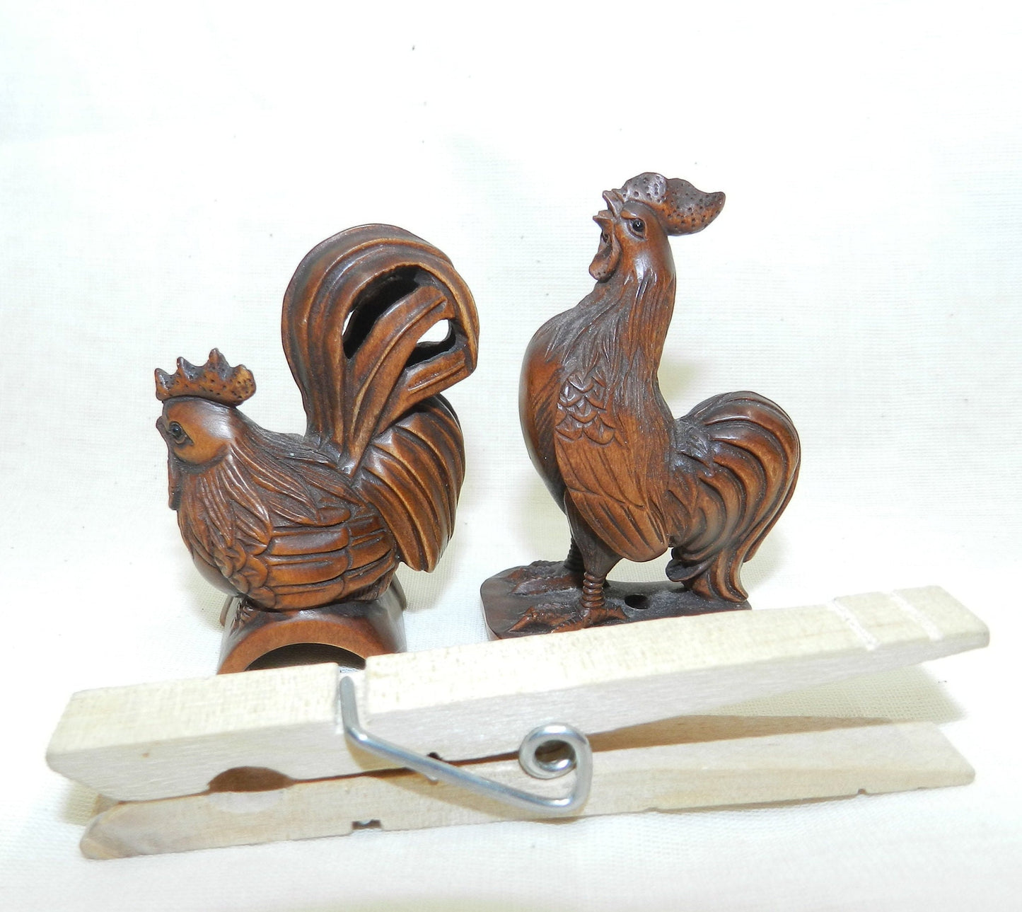 Vintage Boxwood Hand Carved Netsuke Roosters - Chickens  2"