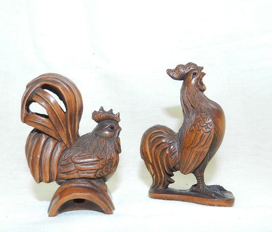 Vintage Boxwood Hand Carved Netsuke Roosters - Chickens  2"